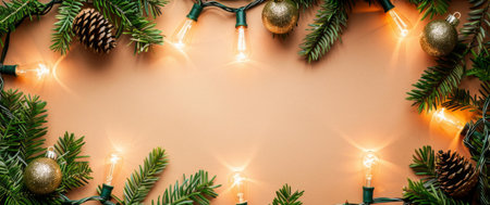 Elegant border design with Christmas lights, pine cones, and festive ornaments.の素材
