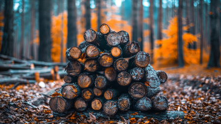 Pile of chopped wood in a forest with autumn leaves on the ground.の素材