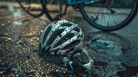 A detailed image of a crashed bicycle helmet on a wet asphalt road with reflective raindrops.の素材