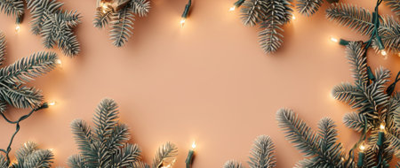 Delicate frosted pine branches frame with twinkling fairy lights on beige background.の素材