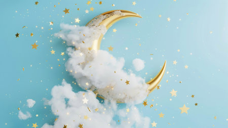 Fantasy illustration of a golden crescent moon surrounded by clouds and golden stars against a blue sky.の素材