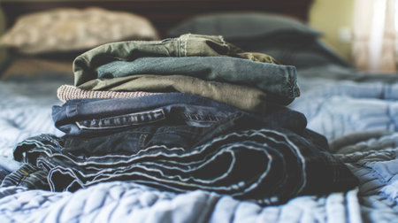A casual pile of mixed clothes resting on the textured fabric of a homey bed, depicting everyday life.の素材