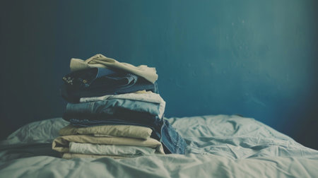 A neat stack of folded denim jeans on a crumpled blue bedsheet, representing daily routine and organization.の素材