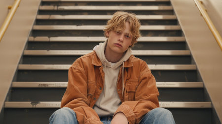 A contemplative teenage boy sits on the steps of an escalator, lost in thought and alone.の素材
