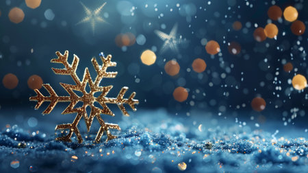 A single golden snowflake stands out on a twinkling blue winter background.の素材