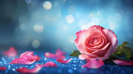 A beautiful pink rose lies among petals on a sparkling blue background, conveying romance and elegance.の素材