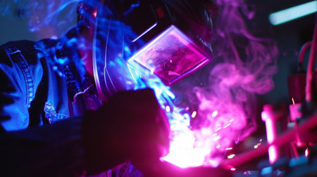 Welder performing precision metalwork, emitting vibrant blue and purple sparks under protective gear.の素材