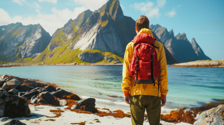 A male hiker in a red backpack stands contemplating the breathtaking view of a rugged mountain coastline under a clear blue sky.の素材