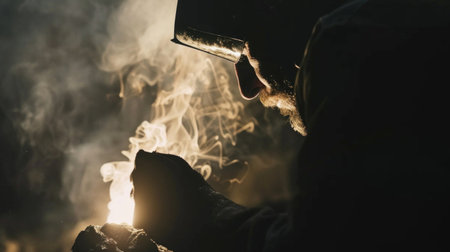 A skilled welder is focused on welding metal, surrounded by intense sparks and smoke in a dark setting.の素材