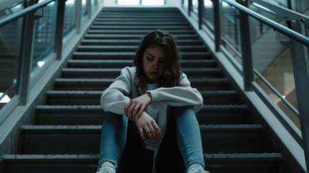 A solitary young girl in a state of despair, seated on a staircase with a distant gaze.の素材