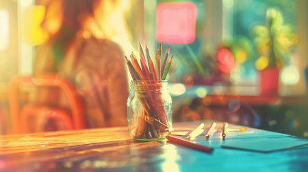 Colorful pencils in a glass jar on a vibrant artist's table at golden hour.の素材