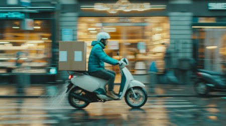 A delivery rider in a blue jacket transports a parcel on a scooter through rainy city streets.の素材