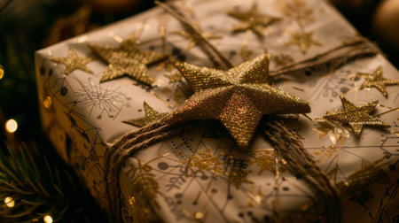A beautifully wrapped Christmas gift adorned with golden star decorations and twinkling lights.の素材