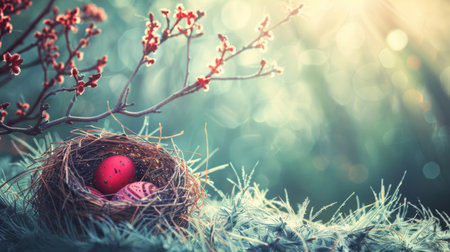 A bird's nest with decorated red Easter eggs nestled among spring blossoms.の素材