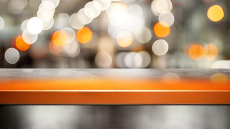 Empty modern counter with a vibrant bokeh of city lights in the background, suggesting an urban evening.の素材