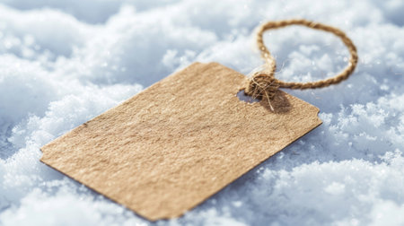 A rustic paper tag on a string lies on fresh snow, offering a blank canvas for personal messages.の素材