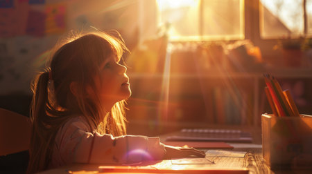A contemplative young girl gazes out a sunny window, the golden light highlighting her features.の素材