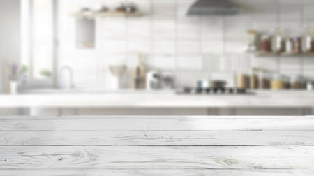 White wooden countertop in a home kitchen with a defocused background of shelves and appliances.の素材