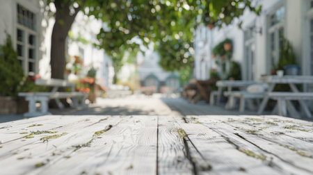 A rustic white wooden table overlooking a charming, leafy street with blurred background.の素材