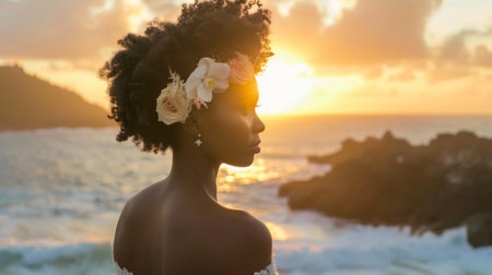 A serene profile of a woman with a natural hairdo adorned with flowers against the backdrop of a stunning sunset by the sea.の素材