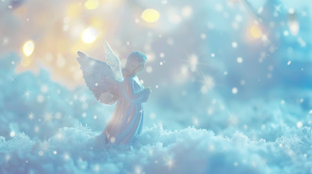 A serene angel figurine with glittering wings stands amidst a snowy landscape with warm golden light.の素材