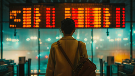 A traveler stands in front of an airport departure board, considering the times and gates of upcoming flights.の素材