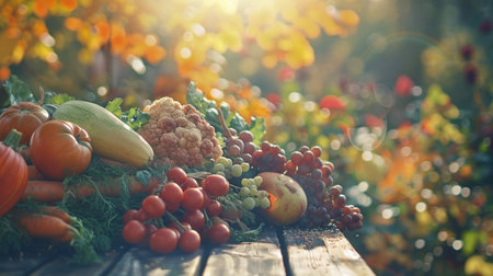A vibrant display of fresh harvest vegetables and fruits basking in the warm sunlight on a wooden surface.の素材