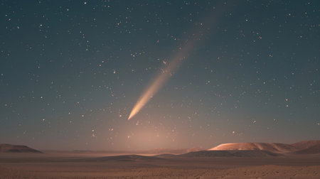 The celestial event of Comet Neowise captured in the night sky above a serene desert landscape.の素材