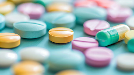 A diverse collection of colorful medication pills scattered across a blue background, depicted in a soft focus.の素材