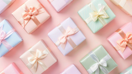 Assorted pastel-colored gift boxes with delicate satin ribbons neatly arranged on a soft pink background.の素材