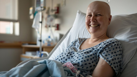 A happy and optimistic female cancer patient in a hospital gown, seated in her room with medical equipment.の素材