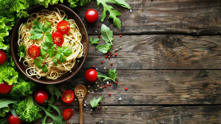 Healthy spaghetti pasta with cherry tomatoes, greens, and spices, served on a wooden board in a rustic setting.の素材