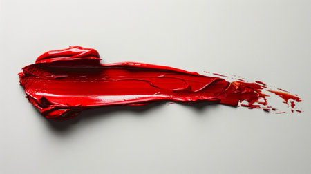 A bold streak of glossy red lipstick on a pristine white surface, showing the pigment and texture.の素材
