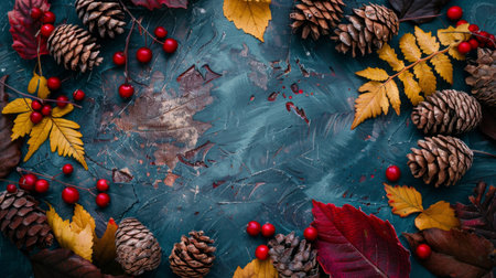 A creative display of pine cones and red berries on a blue-green textured backdrop with autumn leaves.の素材