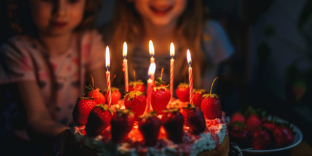 Close-up of a homemade birthday cake adorned with strawberries and lit candles, ready for celebration.の素材