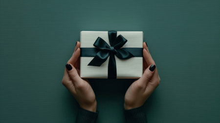 Hands presenting a luxurious white gift box tied with a sleek black ribbon, symbolizing a special present.の素材