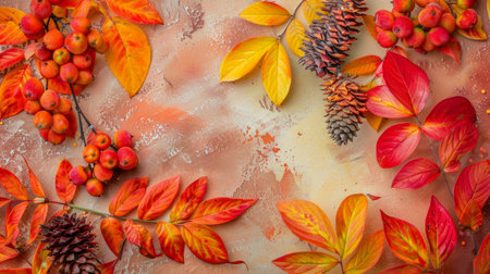 Flat lay of bright autumn berries, leaves, and pine cones on a textured orange backdrop.の素材