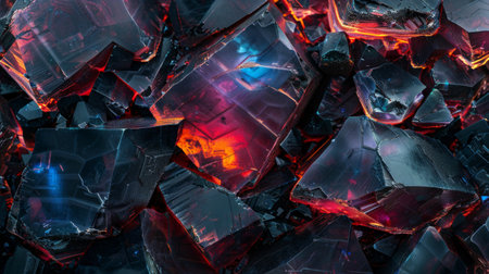 A detailed abstract of red and blue crystalline structures with intricate reflections and depth.の素材