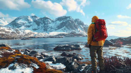 Hiker with a backpack on the background of mountains and lake.の素材