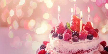 Birthday cake with burning candles and berries on bokeh backgroundの素材