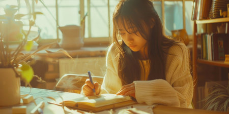 A young woman concentrates on studying with notebooks in a sun-drenched home environment.の素材