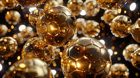 Multiple golden soccer balls with reflective surfaces against a backdrop of bokeh lights.の素材