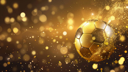 A single golden soccer ball flying with a sparkling dust trail on a bokeh light background.の素材
