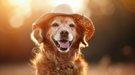 An adorable Golden Retriever wearing a straw hat basks in the golden glow of sunlight, radiating happiness and warmth.の素材