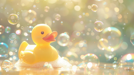 A yellow rubber duck sits surrounded by soap bubbles and a glittering bokeh light effect.の素材