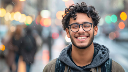 Cheerful young man with glasses smiling on a city street with blurred lights and snowfall.の素材
