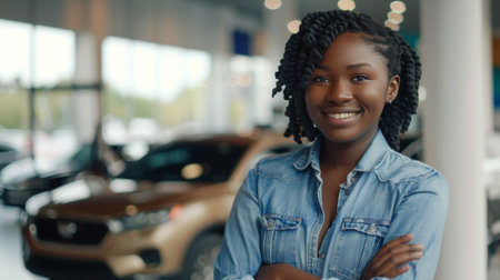 Friendly African American female car salesperson standing confidently in a car dealership showroom.の素材
