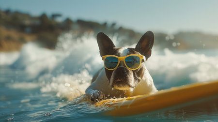 Adventurous dog with sunglasses surfing on a wave during a sunny day.の素材