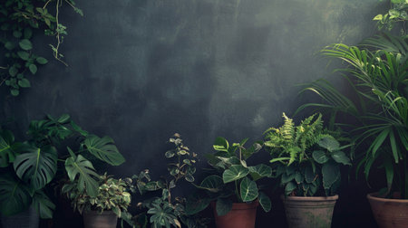 Lush greenery flourishes in various pots against a dark, textured wall, creating an indoor oasis.の素材
