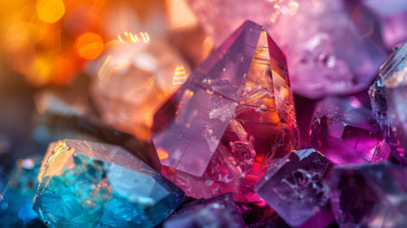 Vibrant crystal clusters with captivating light flares, illustrating the beauty of mineral formations.の素材